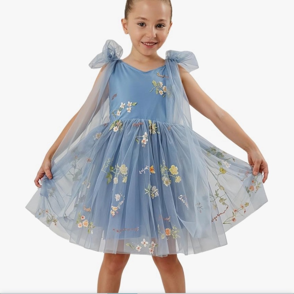 TODDLER DUSTY BLUE FLORAL TULLE OCCASION DRESS 3T